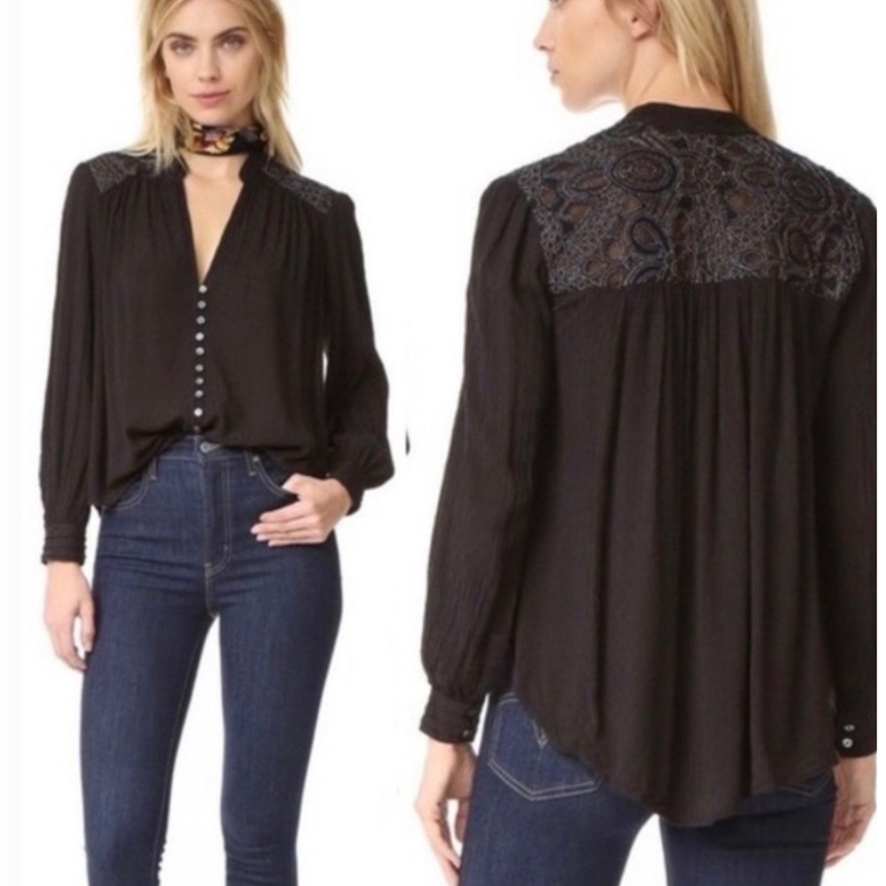 Free People Canyon Rose Metallic Lace Textured Top in black Size M